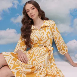 CORSICA Abstract Print Shirt Collar A-Line Dress with Belt-image-39
