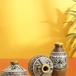 ExclusiveLane Three Little Terracotta Pots Showpieces With Warli Hand-Painting In Natural Mud Brown-image-5