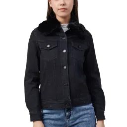 StyleStone Black Denim Jacket With Detachable Fur Collar-image-73