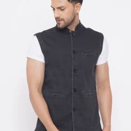 John Pride Black Regular Fit Denim Nehru Jacket-image-28
