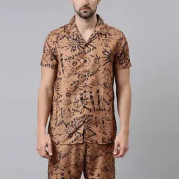 Bushirt Brown Regular Fit Printed Shirt With Shorts Set-image-94