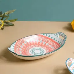 Nestasia Pink and Blue Mandala Ceramic Long Dish With Handles For Serving Snacks (10.8 Inch)-20