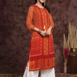 Juniper Mustard Chiffon Ethnic Motif Printed Straight Kurta With Tie-Ups image 1
