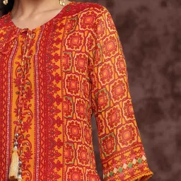 Juniper Mustard Chiffon Ethnic Motif Printed Straight Kurta With Tie-Ups image 3