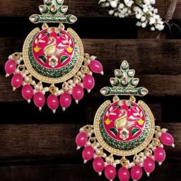 OOMPH Rani Pink & Green Meenakari Kundan & Beads Peacock Design Large Ethnic Drop Earrings-27
