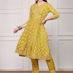 Ishin Mustard Embroidered Anarkali & Pants Set with Dupatta-image-1