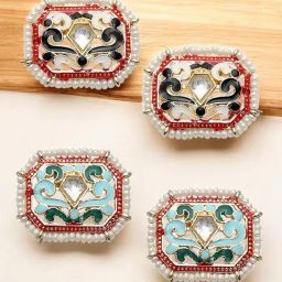 OOMPH Combo of 2 White & Ferozi Turquoise Blue Meenakari Enamel Stud Earrings-12