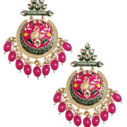 OOMPH Rani Pink & Green Meenakari Kundan & Beads Peacock Design Large Ethnic Drop Earrings image 3
