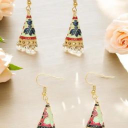 OOMPH Combo of 2 Meenakari Mint Green & Rani Pink Small Jhumka Earrings-image-77