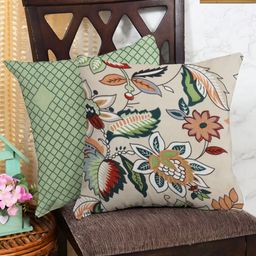 IVAZA Green & Beige Set of 2 Floral Square Cushion Covers-20