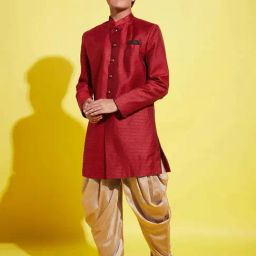 VASTRAMAY Boys Maroon & Rose Gold Self Full Sleeves Indowestern Sets-image-55