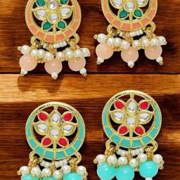 OOMPH Combo of 2 Peach Pink & Ferozi Blue Meenakari Ethnic Stud Earrings-22