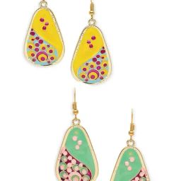 OOMPH Combo of 2 Yellow & Mint Green Meenakari Ethnic Drop Earrings image 2