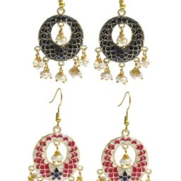 OOMPH Combo of 2 Black & Pink Enamel Meenakari Chandbali Earrings For Women image 2