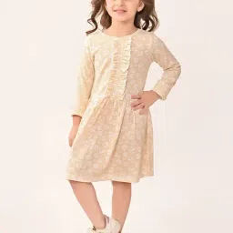 Bonkids Girls Abstract Printed Round Neck Gathered Cotton A-Line Dress-image-2