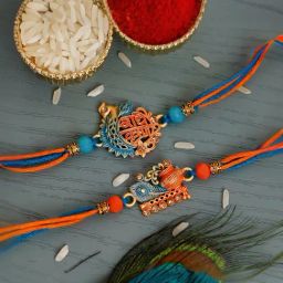 eCraftIndia Blue & Orange Set of 2 Religious Rakhis with Sibling Agreement & Roli Chawal Pack-image-89