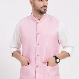 SHOWOFF Woven Design Pink Slim Fit Nehru Jacket-picture-19