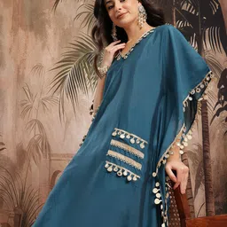 Sangria Gotta Patti Mirror Work Kaftan Kurta with Trousers-picture-2