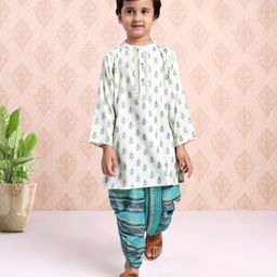 Babyhug Full Sleeves Printed Kurta & Stripe Dhoti - Off White Blue-image-49