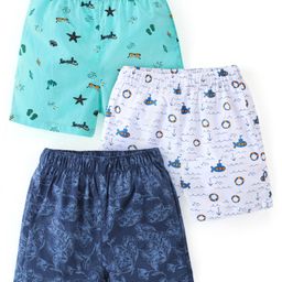 Babyhug Cotton Mid Thigh Boxers Leaves & Beach Print Pack of 3 - Blue Grey & Sea Green-image-97