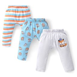 Babyhug Cotton Knit Full Length  Diaper Pants Striped & Fox Printed Pack of 3 - Grey & Blue-image-9