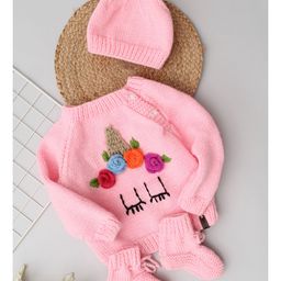 Woonie Full Sleeves Floral Unicorn Detailed Hand Knitted Sweater Set - Pink-picture-38
