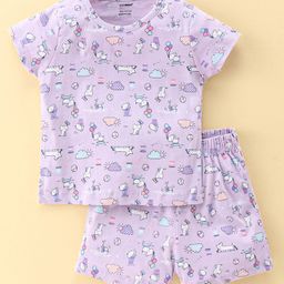 CUCUMBER Sinker Half Sleeves Night Suit With Doggy Print - Lilac-image-79