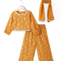 Babyhug Georgette Woven Full Sleeves Leaves Printed Sequined EmbroideredTop & Palazzo Set with Dupatta - Mustard-image-79