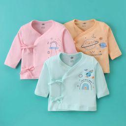 Zero Interlock Cotton Knit Full Sleeves Side Tie Up Vests With Space Theme Print Pack of 3 - Pink Orange & Aqua Blue-24