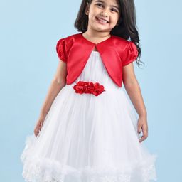 Babyhug Woven Solid Party Dress with Puffed Sleeves Jacket Corsage Applique - Red & White-image-24