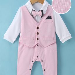 Mark & Mia Full Sleeves Printed Party Romper with Attached Waist Coat & Bow - Pink-image-53
