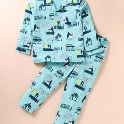Doreme Single Jersey Knit Full Sleeves Front Open Night Suit With Beach Theme Print - Aqua-picture-9