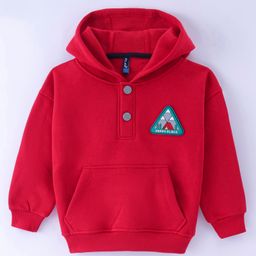 Little Kangaroos Cotton Fleece Knit Full Sleeves Drop Shoulder Hooded Sweatshirt with Patch Detailing & Kangaroo Pockets - Red-image-36