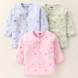 Simply Interlock Knit Full Sleeves Front Open Vests with Panda & Bear Print - Blue Mint & Pink-37