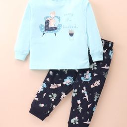 Doreme Single Jersey Knit Full Sleeves T-Shirt & Lounge Pants Set With Floral Print -  Blue & Navy-picture-17