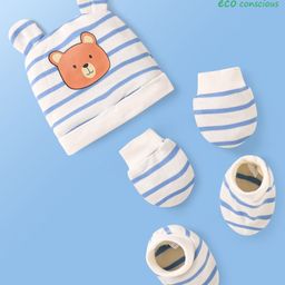 Babyoye Interlock Knit Striped Cap Mittens & Booties With Eco Jiva Finish Bear Print- White-picture-9