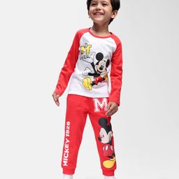 Babyhug Disney Single Jersey Knit Full Raglan Sleeves T-Shirt & Lounge Pant Set With Mickey Mouse Graphics - Red & White-image-50