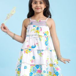 Babyhug Cotton Woven Sleeveless Floral Cambric Printed Tiered Ethnic Dress with Smock Detailing - White-image-53