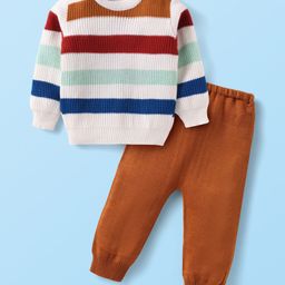 Babyhug Knit Full Sleeves Sweater Set With Stripes - Maroon-image-93