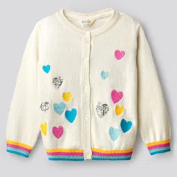 Bonfino 100% Cotton Knit Full Sleeve Front Open Sweater with Heart Embroidery & Sequin Detailing - White-picture-16
