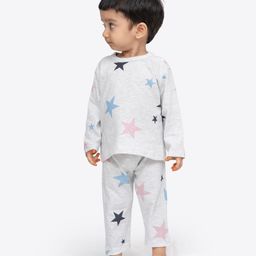 Ariel Pure Cotton Full Sleeves Stars Printed Tee & Coordinating Pajama Set - Grey-image-91