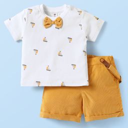 ToffyHouse Interlock Knit Half Sleeves T-Shirt with Attached Bow & Shorts with Ship Print - Mustard & White-picture-23