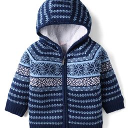 Babyhug Knit Full Sleeves Hooded Front Open Sweater with Aztec Design - Navy Blue-image-49