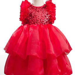 Babyhug Woven Sleeveless Layered Party Dress With Sequin & Frill Detailing - Red-picture-27