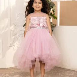 Toy Balloon Kids Net Woven Sleeveless Foil Printed & Sequins Lace Embellished High Low Dress - Rose Pink-picture-6