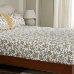 MASPAR Mustard Floral Printed Pure Cotton 200 TC Fitted Single Bedsheet Set 1.52 x 2.24 m-image-33