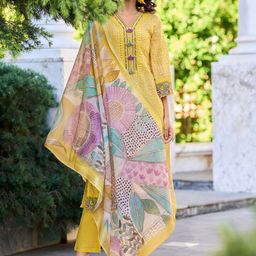 Indo Era Women Floral Embroidered Thread Work Linen Kurta with Trousers & With Dupatta-50