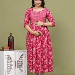 BAESD Floral Printed Gathered or Pleated Round Neck Maternity Gown Midi Dress-image-46