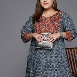 Varanga Women Plus Size Blue & Maroon Ethnic Motifs Printed Kurta-41