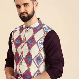 Anouk Men White Woven Design Nehru Jacket-11